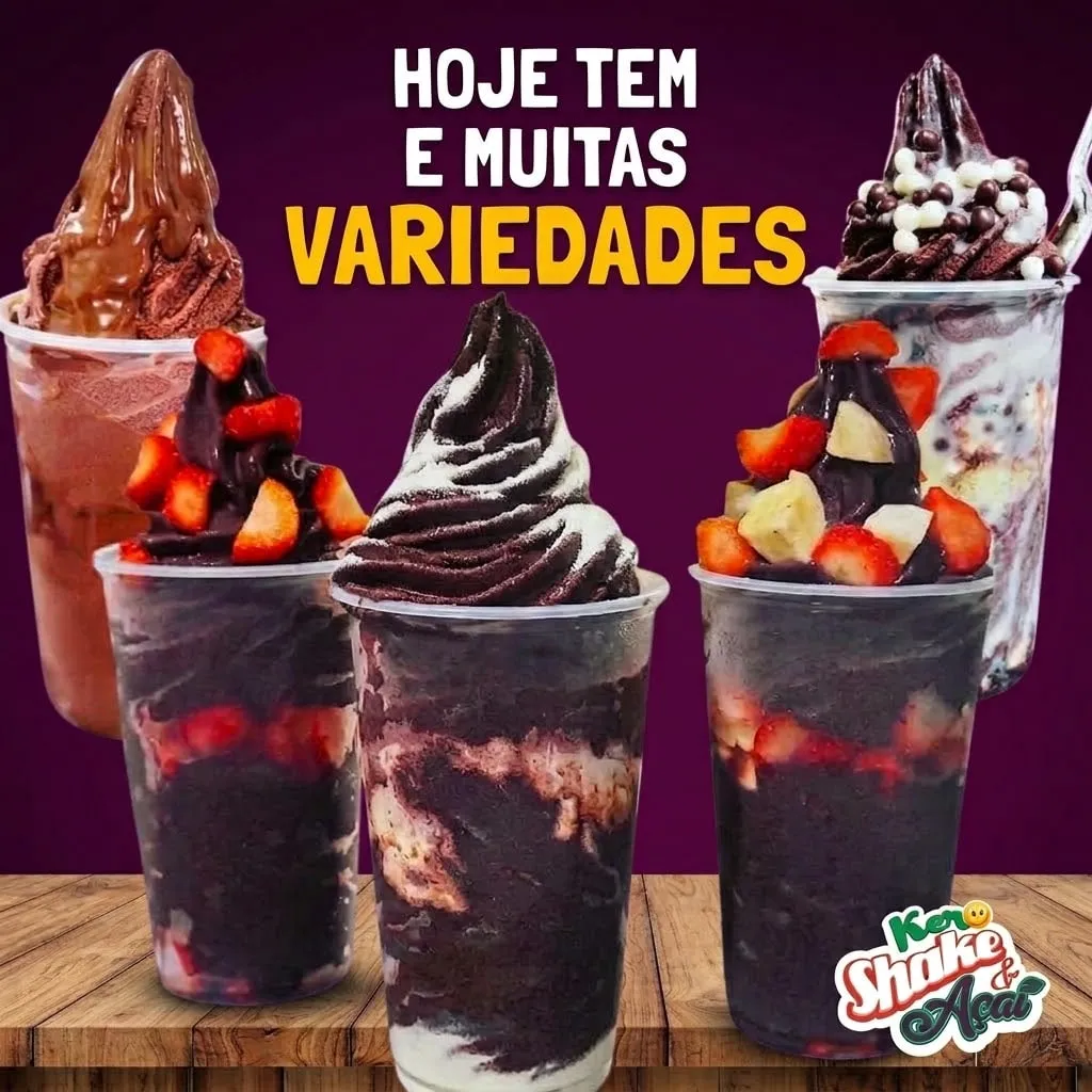 Arte com o texto “Hoje tem e muitas variedades”, com copos de açaí com morango, banana e sorvete de chocolate
